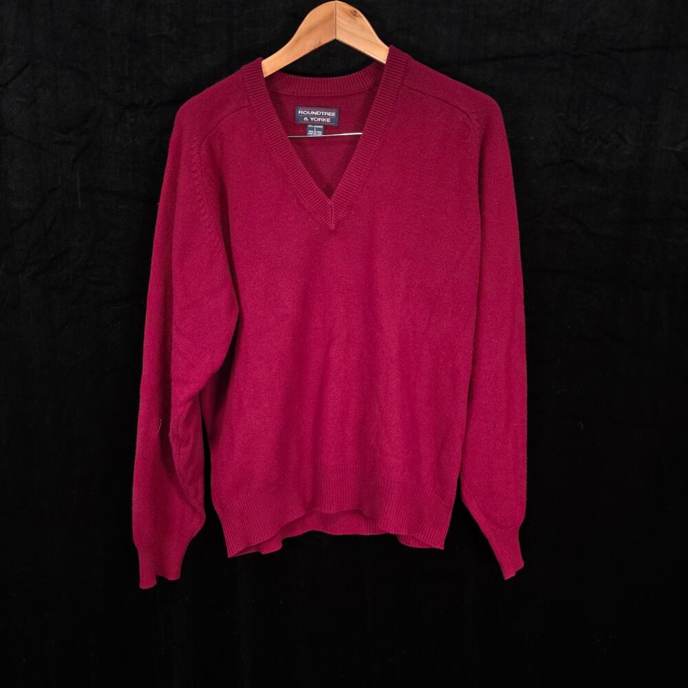 Mens sz L Roundtree & Yorke Maroon Cashmere V- Neck Pull-Over Sweater Raglan